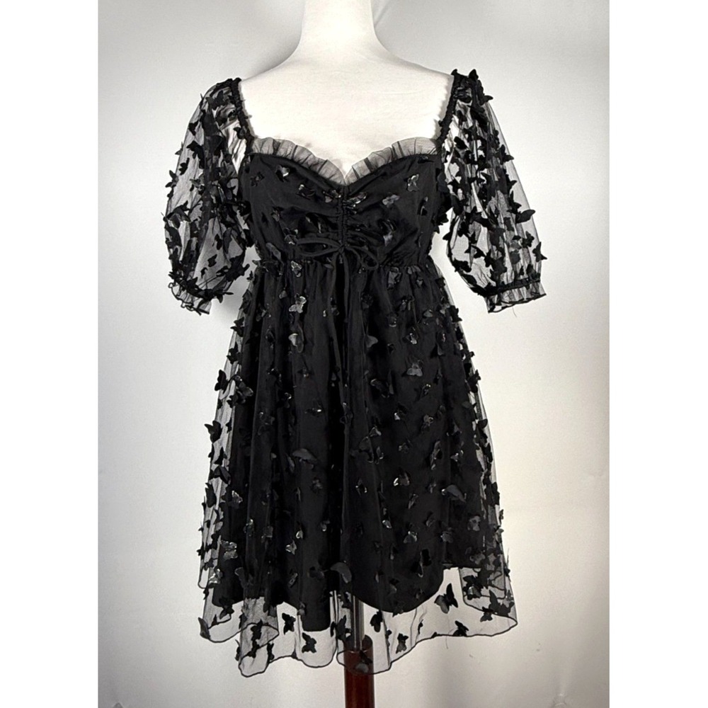 Thirty Thirty Black 3D Butterfles Flirty Mini Dress Size L Coquette Whimsy Fairy